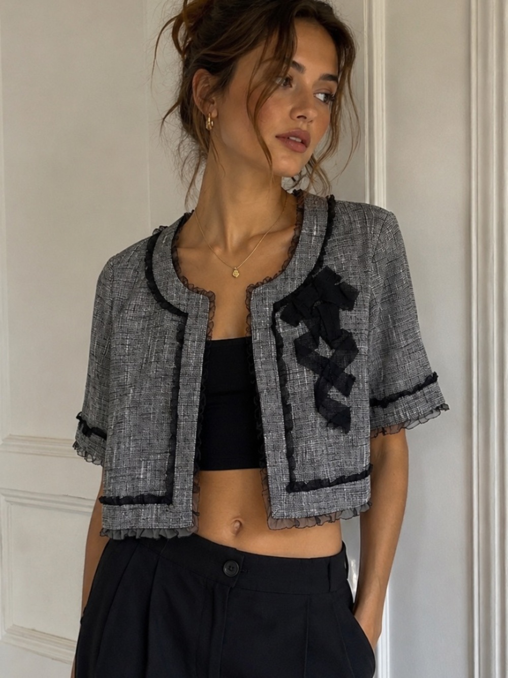 Kate Spade Black Tweed Ruffle Bow Cropped Top Size 4